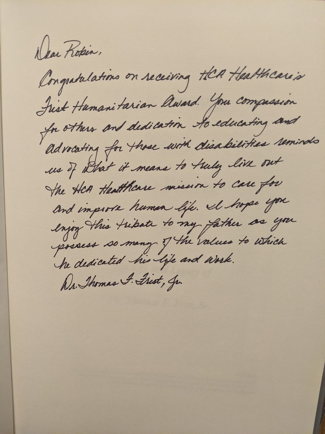 Robin Yoder: Inscription from Dr. Frist